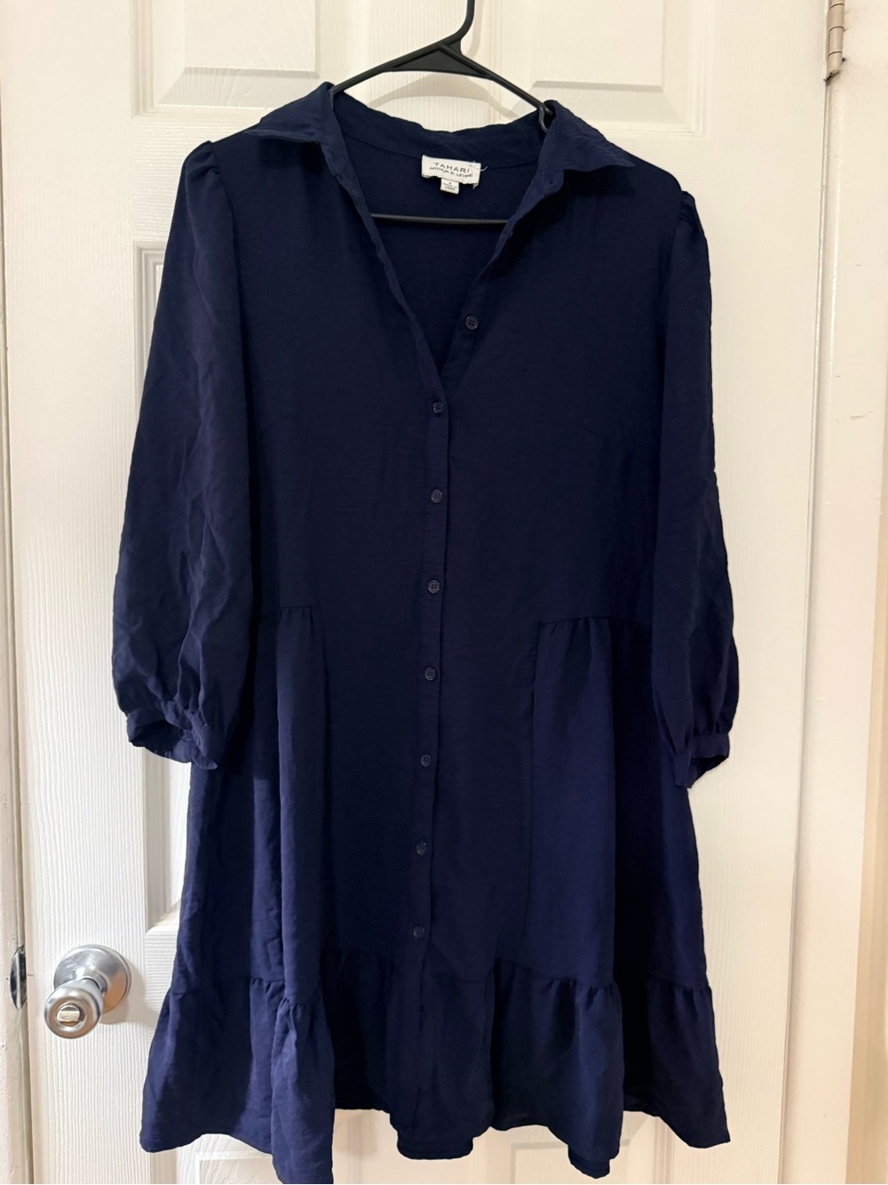 Tahari Navy Button-Front Tiered Mini Dress